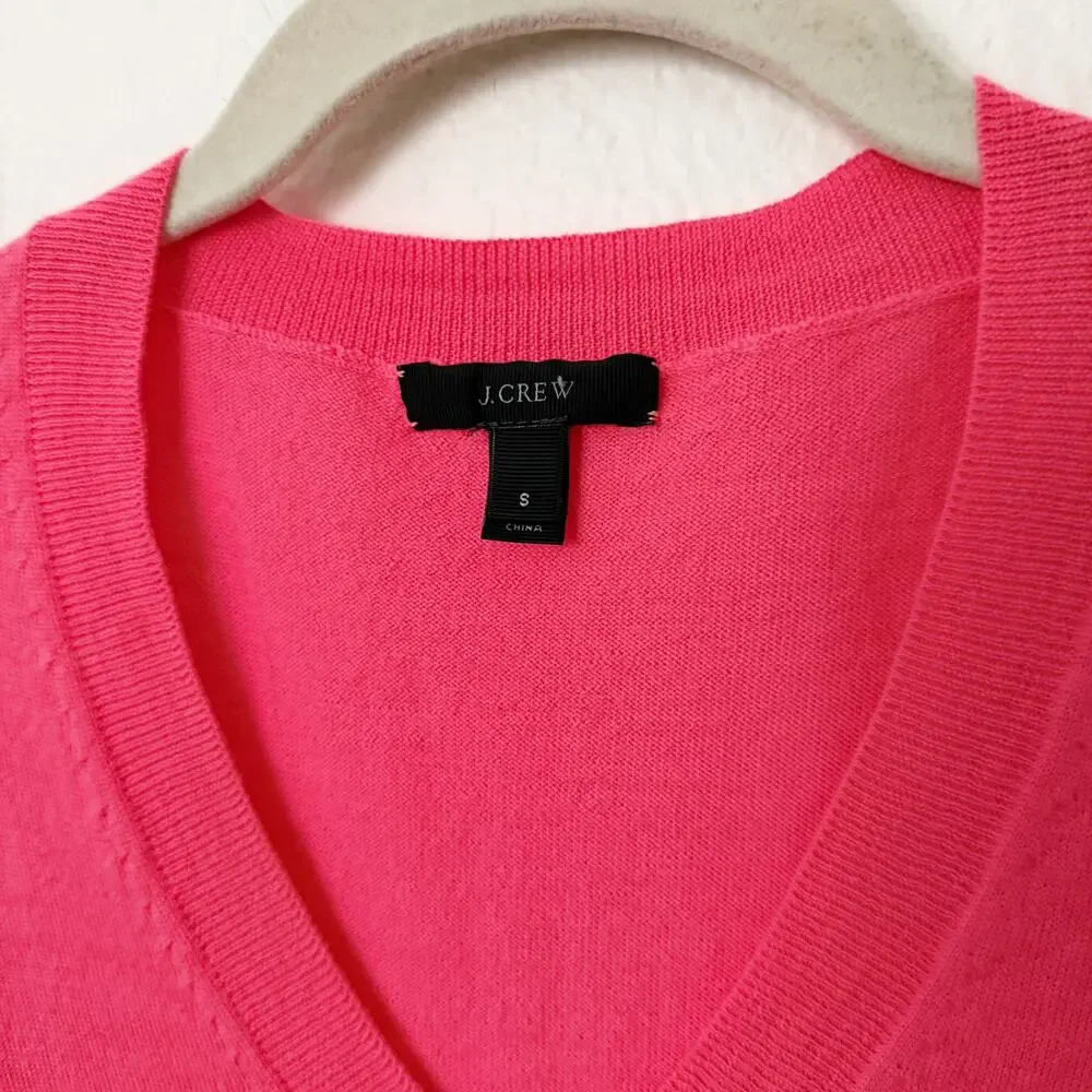 [J. Crew] Bright Pink 100% Merino Wool V-Neck Sweater Lightweight Size Small S